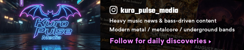 Kuro Pulse Media banner for heavy music news and bass-driven content, featuring modern metal and metalcore bands