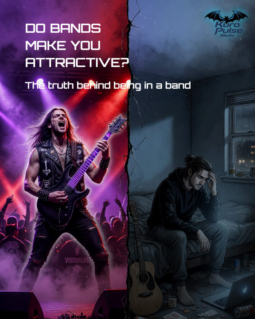Do bands make you attractive concept image showing a guitarist on stage contrasted with real life alone in a room
