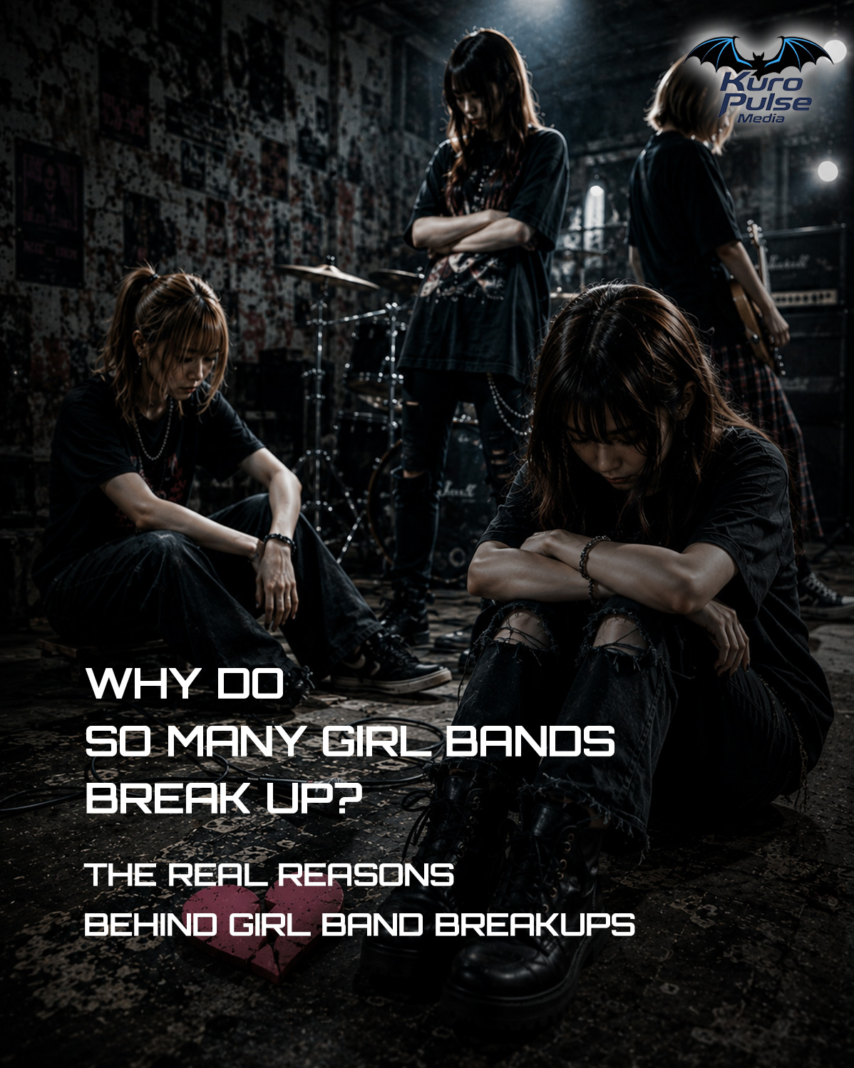 A dark Girl band breakup themed editorial image showing emotional tension between members in a dark rehearsal studio for a Kuro Pulse Media article.l band in a gritty rehearsal room, showing tension and emotional distance between members, with the headline “Why Do So Many Girl Bands Break Up?” and Kuro Pulse Media branding.