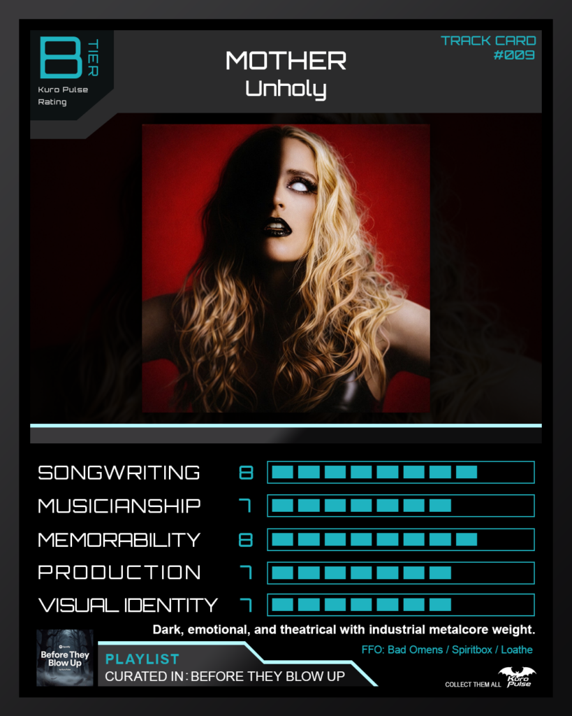 MOTHER Unholy review Kuro Pulse Track Card with B Tier rating, dark gothic artwork, and industrial metalcore scores
