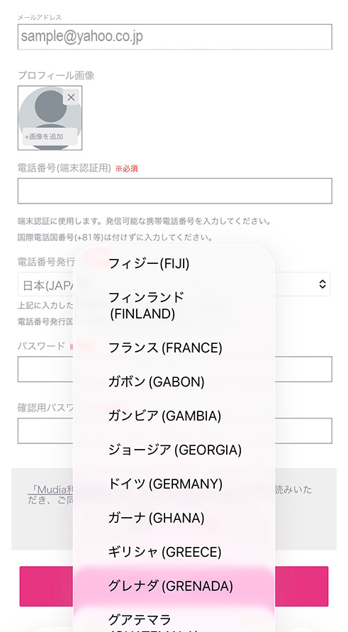 Select country and phone number on Mudia