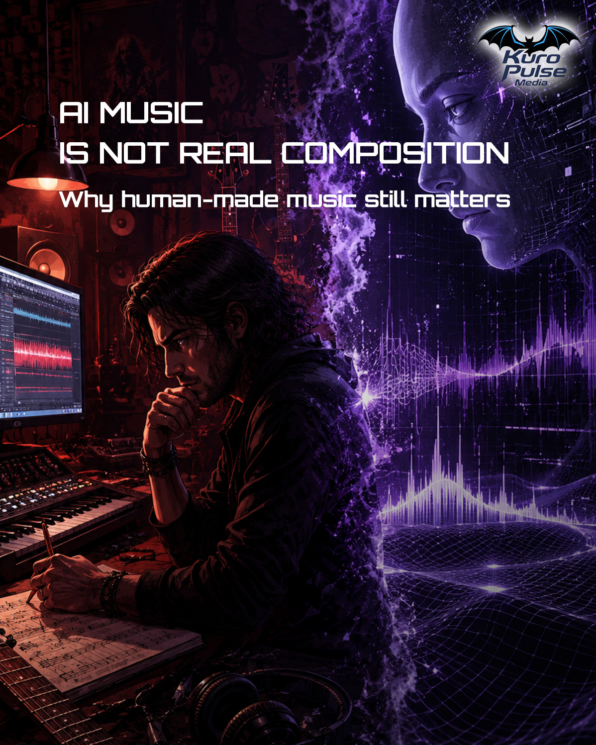 AI-generated music and human composition concept with a musician, recording equipment, and digital sound waves.
